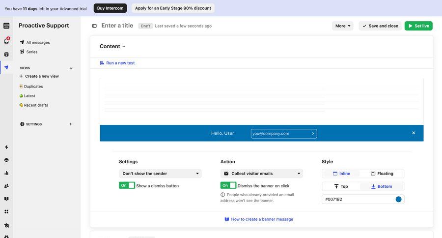 Intercom
			 configuration settings sidebar navigation form style customization customer engagement customer communication sidebar create messages duplicate inline edit customer support chat contextual help ui page example