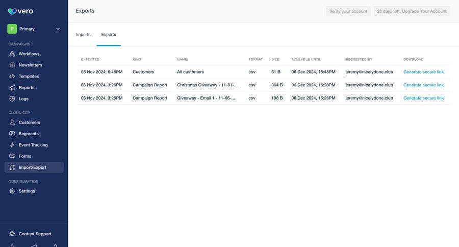 Vero
			 data management configuration sidebar navigation account management data export import data file management data analytics wizard sidebar data import import file import tool import wizard table file picker download report ui page example
