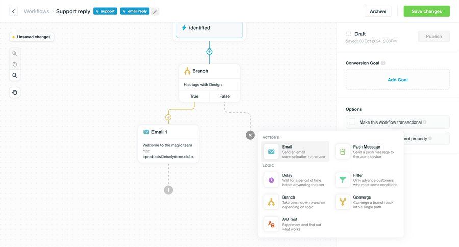 Vero
			 workflow automation editor workflow builder workflow creation marketing automation drag and drop email save changes rounded corners workflow editor call to action sidebar push notification modern ui page example