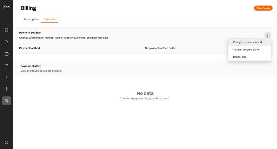Lingo
			 settings account management account settings subscription management payment method payment history menu ui page example
