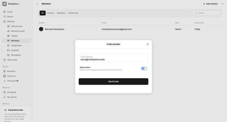 Steep
			 team collaboration user management onboarding form account setup full-screen layout user access control user invitation send invitation sidebar table ui page example