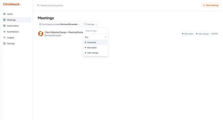 Circleback
			list dropdown & other states filters collaboration sidebar navigation menu meeting ui page example