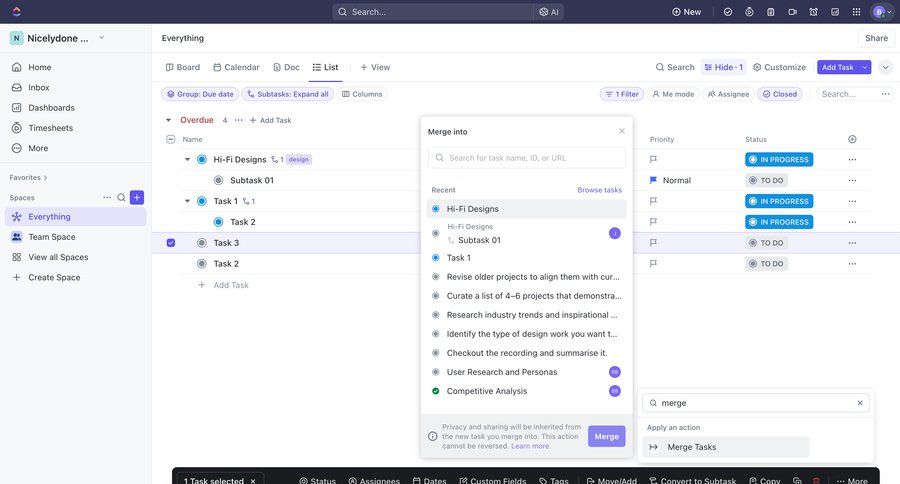 ClickUp
			 task management collaboration sidebar navigation project management filter controls dropdown filters merge call recording sidebar menu filter options filter dropdown filter ui modern controls ui page example