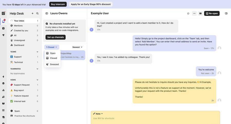 Intercom
			 task management team collaboration sidebar navigation conversational ui trial banner hierarchical navigation inbox dropdown filters sidebar communication chat menu not found page not found modern advanced search conversational customer support chat contextual help option menu customer support team management live chat help desk ticketing system ui page example