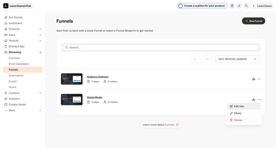 Kajabi
			 e-commerce automation delete campaign management sidebar create setup menu ui page example