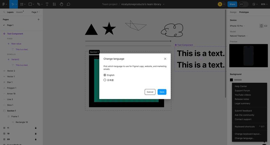 Figma
			language settings settings modal interaction sidebar menu keyboard shortcuts localization settings modal ui page example