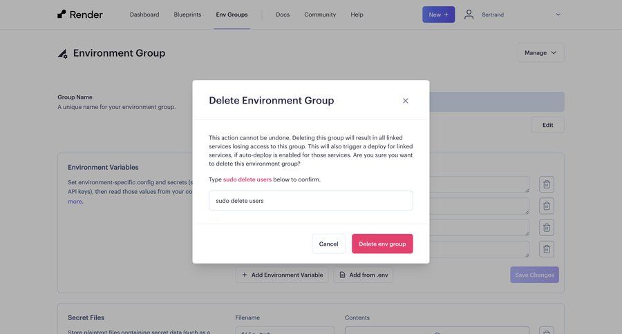 Render
			 modal screen configuration settings form delete cancel deletion confirmation message data security ui page example
