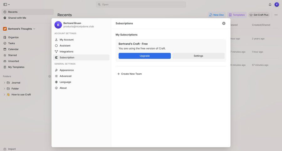 Craft
			 settings account management account settings subscription management team creation sidebar ui page example