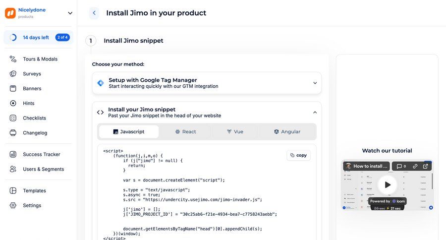Jimo
			onboarding integration settings configuration sidebar navigation onboarding user data setup on boarding integration accordion code snippet ui page example