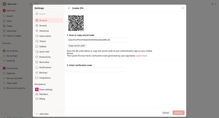 Todoist
			modal & popover multi-factor authentication (mfa) security settings settings account management form account settings security 2fa mfa ui page example