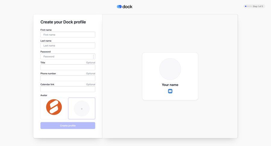 Dock
			profile create signup onboarding account setup account setup profile creation ui page example