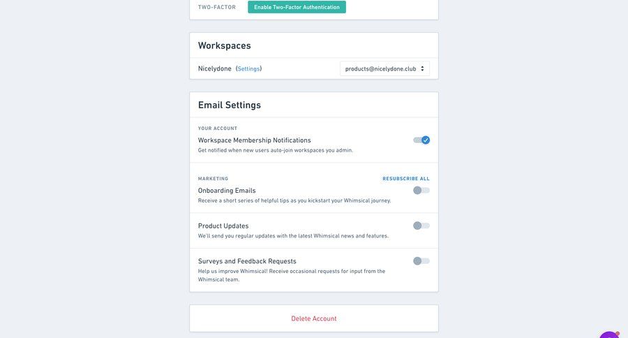 Whimsical
			 settings account management hierarchical content user settings workspace management account settings account deletion content blocks product update mfa news feed ui page example