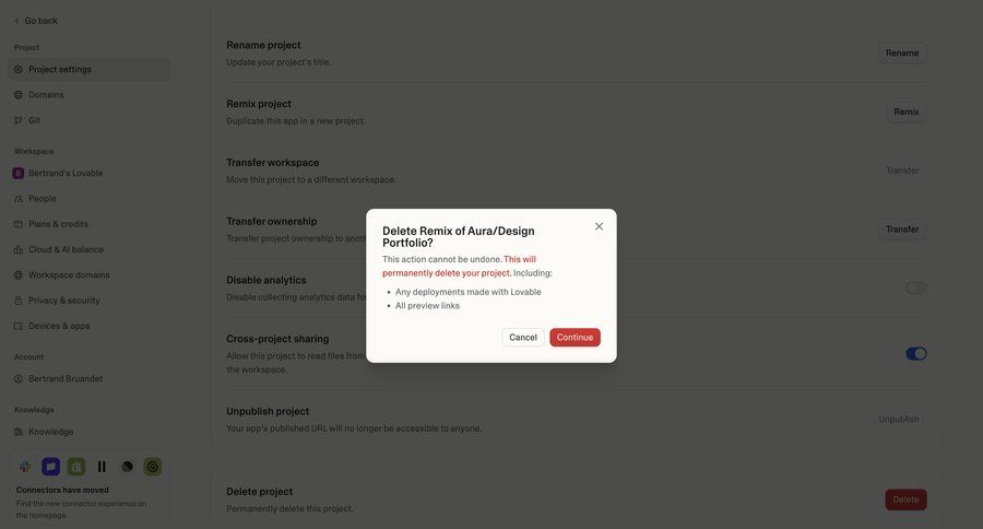 Lovable
			 settings project management confirmation confirmation screen cancel deletion ui page example