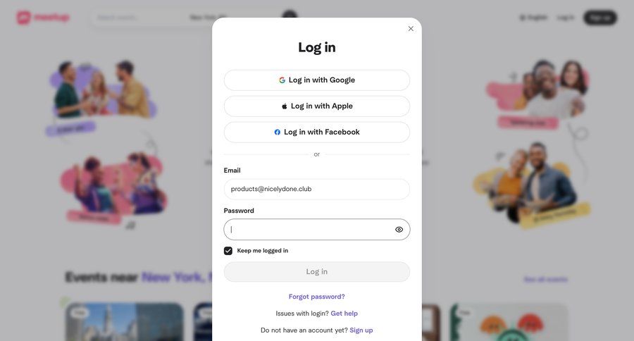 Meetup
			 form user authentication account creation authentication log in ui page example