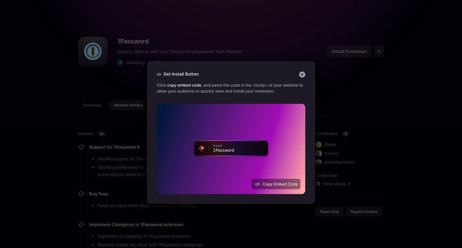 Raycast
			modal & popover embed modal screen configuration settings dark theme password management rounded corners security version history code snippet ui page example
