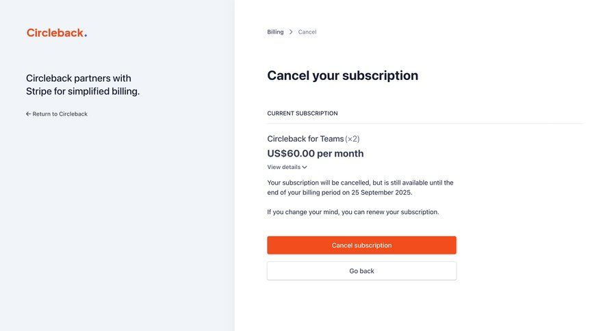 Circleback
			billing cancel subscription account settings settings account management subscription management ui page example