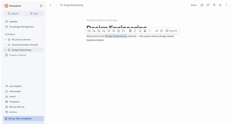 Slite
			 collaboration sidebar navigation document editing document management full-screen layout menu real-time editing ui page example