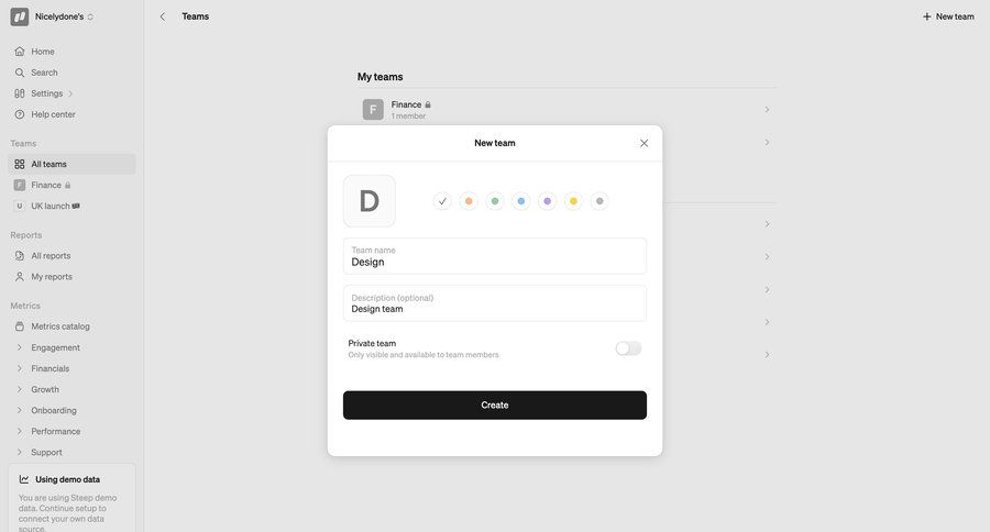 Steep
			 collaboration onboarding form modal dialog privacy settings team creation sidebar collaborators group members ui page example