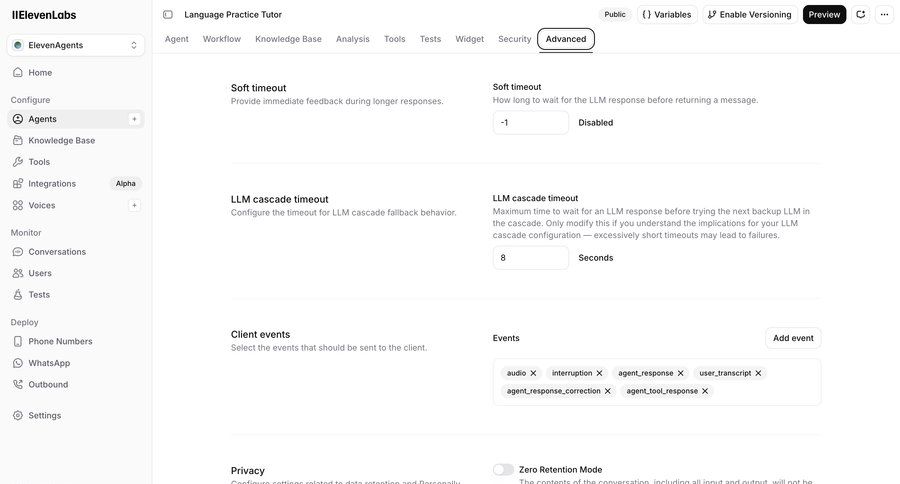 Elevenlabs
			 configuration settings artificial intelligence form knowledge base privacy settings minimalist design deploy sidebar navigation bar modern event management ui page example