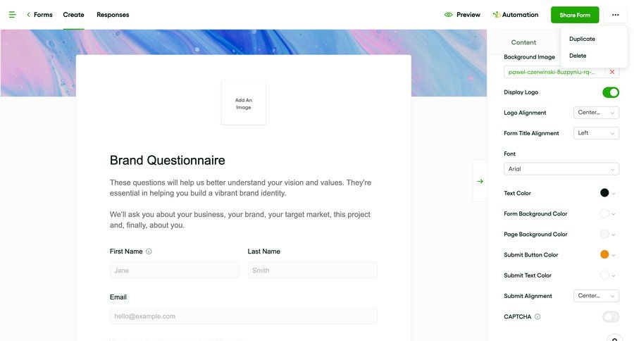 Bonsai
			 form editor design customize form building audit log sidebar menu settings modal ui page example