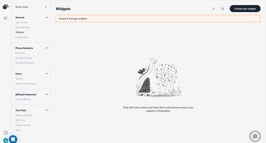 Distrobird
			 configuration settings sidebar navigation billing history sidebar blank state void blank non-ideal state empty page prompt widgets ui page example