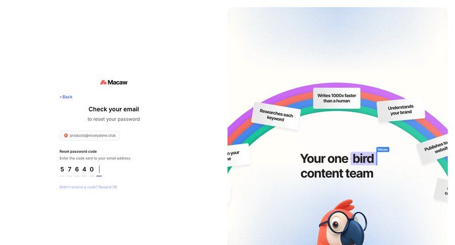 Macaw
			 form split screen account security authentication login security connection auth signin sign in log in login page email confirmation ui page example