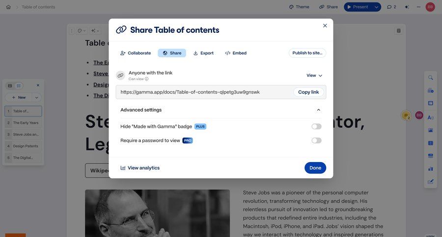 Gamma
			 collaboration settings export share modal access control content sharing sharing ui page example