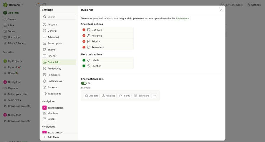 Todoist
			 task management configuration settings sidebar navigation project management form drag and drop quick actions reorder settings modal ui page example