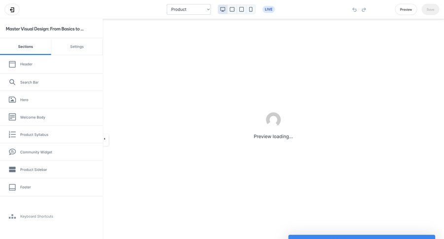 Kajabi
			 content management editor real-time preview save changes template selection sidebar loading keyboard shortcuts shortcuts search bar ui page example