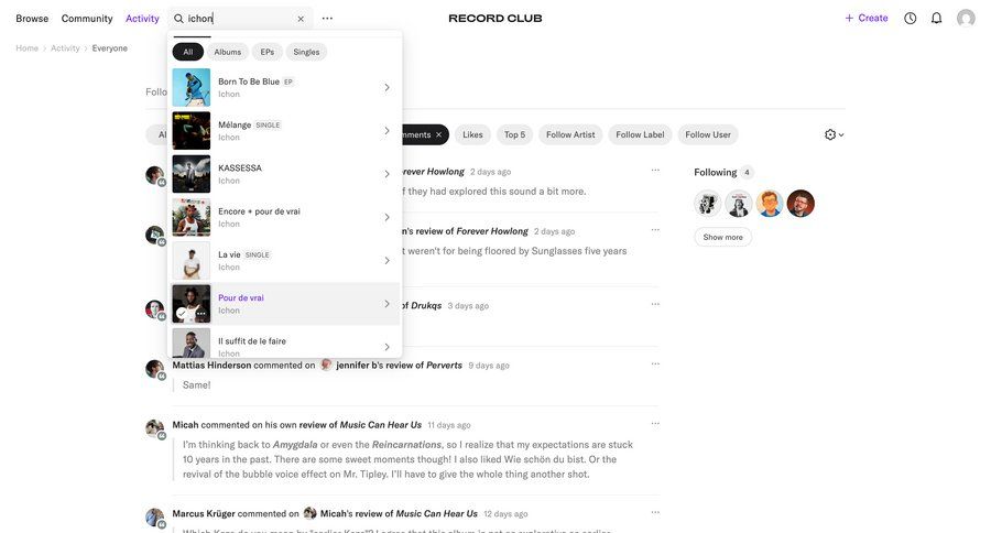 Record club
			 research search filters filter options recent activity social feed activity stream search bar autocomplete search results controls search menu ui page example