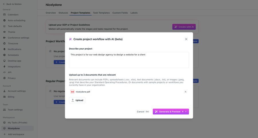 Motion
			 project management artificial intelligence workflow onboarding form automation file upload project creation attachment file upload modal create file uploader upload documents timezone selector ui page example