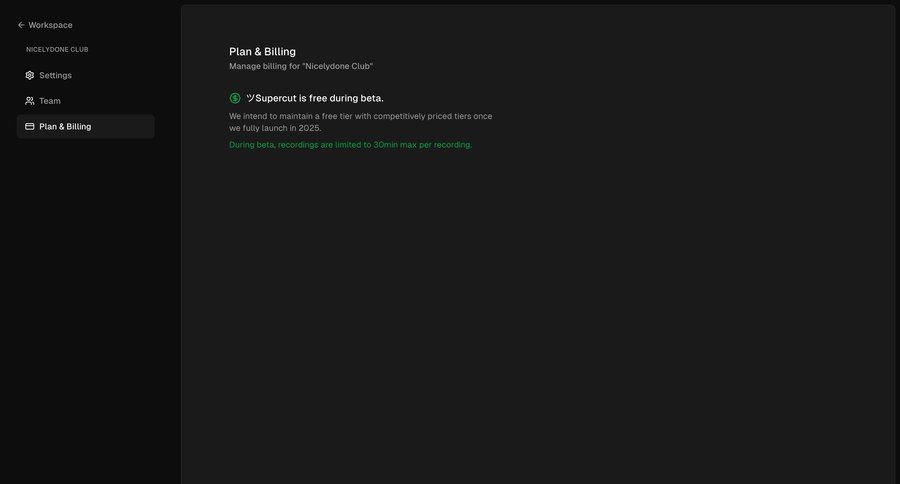 Supercut
			billing settings configuration settings sidebar navigation account setup subscription management full-screen layout free tier billing history sidebar ui page example