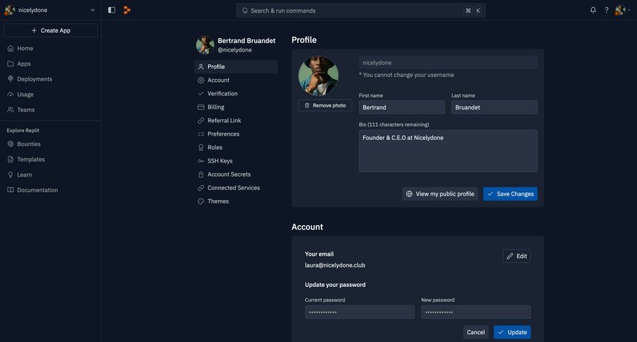 Replit
			 settings sidebar navigation account management grid form account setup subscription management user account password management email verification payment method bulk edit buy credits user role call intelligence sidebar security user profile preferences user user termination profile page offline mode controls notification settings ui page example