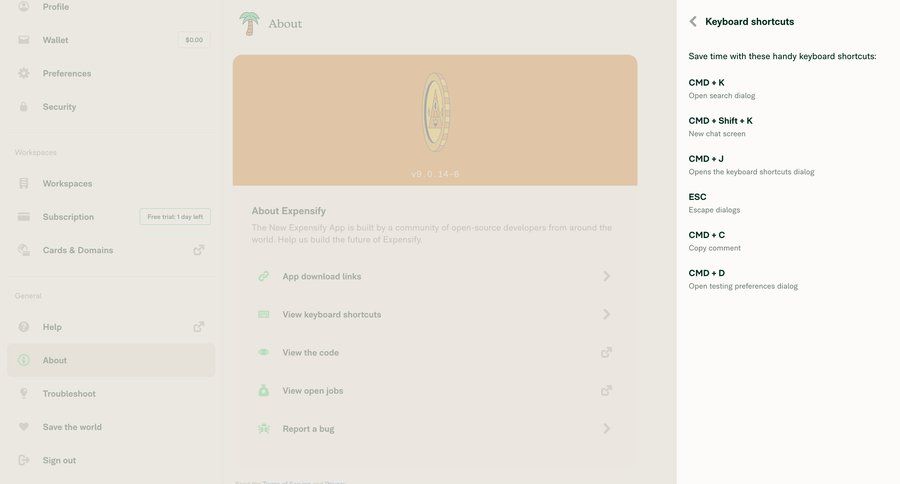 Expensify
			 settings sidebar navigation modal dialog sidebar keyboard shortcuts shortcuts cards ui download report ui page example