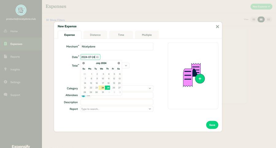 Expensify
			 sidebar navigation form finance expense management financial reporting modal finance sidebar date picker modern ui page example