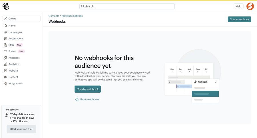 Mailchimp
			 configuration settings dashboard sidebar navigation marketing automation audience management trial banner hierarchical navigation sidebar setup modern global search email marketing webhook management ui page example
