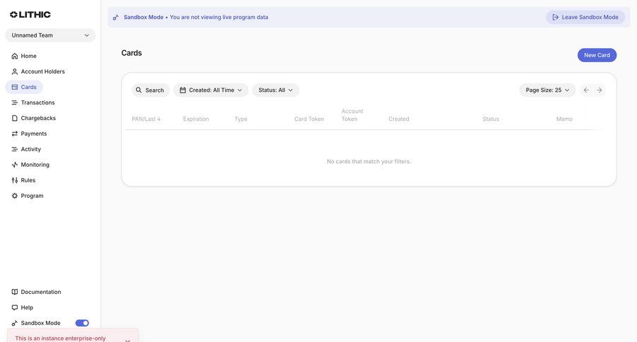 Lithic
			settings empty state list filters payment processing ui page example