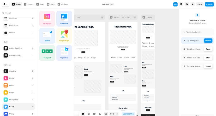 Framer
			 editor design drag and drop sidebar menu interactive map desktop mobile modern accordion ui page example
