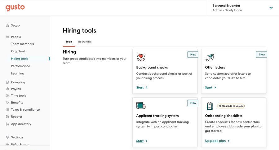 Gusto
			 dashboard sidebar navigation grid onboarding document management team management time tracking ui page example