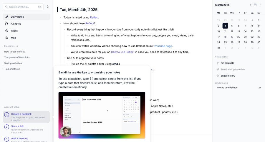 Reflect
			 sidebar navigation project management onboarding account setup full-screen layout ai assistance content hierarchy knowledge management note creation tutorial sidebar menu documentation contextual help ui page example