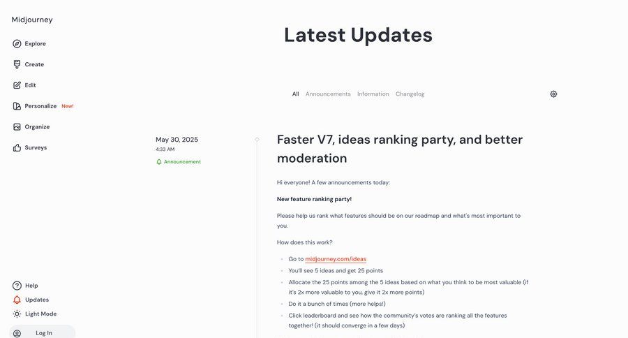 Midjourney
				changelog ui page example