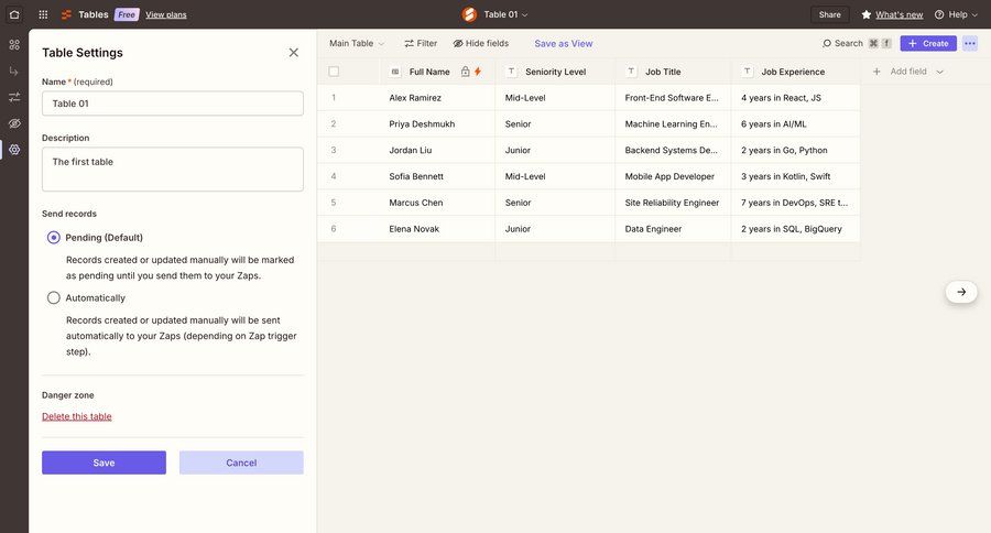 Zapier
			 data management configuration form data export import data full-screen layout data display data import table data grid settings modal ui page example