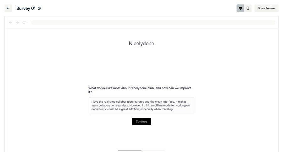 Sprig
			 form feedback collection user feedback offline mode ui page example
