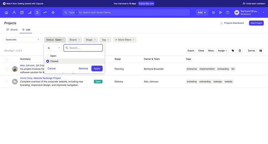 Capsule
			notification collection filters table project management dropdown filters menu table ui page example
