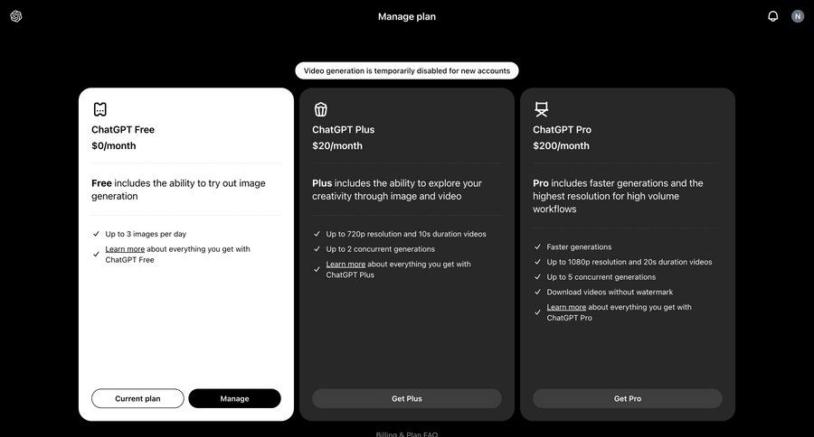 Sora
			 artificial intelligence subscription management plan comparison payment history call intelligence call to action service plans pricing plans subscription plans price payment options premium product packages payment page payment confirmation pricing packages pricing calculator ui page example