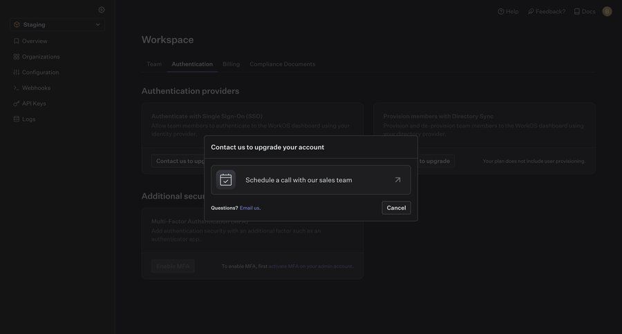 WorkOs
			modal & popover contact language settings configuration settings account management modal dialog account settings authentication upgrade modal sidebar security contact us ui page example