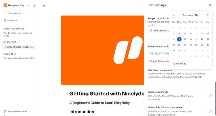 Hashnode
			 content management settings editor blog management schedule content scheduling getting started wysiwyg sidebar date picker time picker blog post version control ui page example