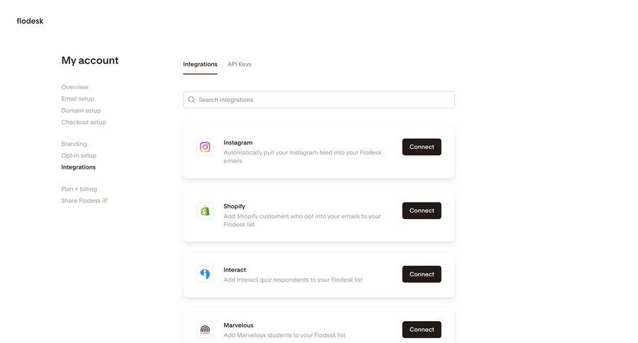 Flodesk
			 settings e-commerce automation account setup integration search bar connect service ui page example