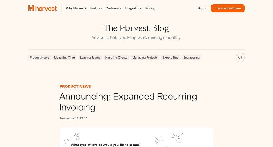 Harvest
			 editorial blog post product update news article article billing automation feature article ui page example