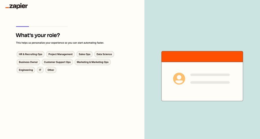 Zapier
			onboarding form account setup onboarding form progress indicator full-screen layout ui page example